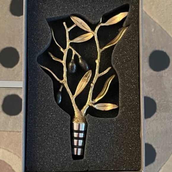 Michael Aram NIB Olive Branch Wine Stopper Gold Nickel Black Enamel - Picture 3 of 15